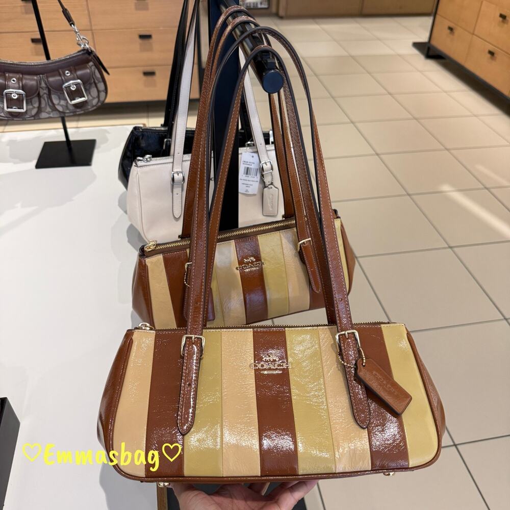 Coach Asher Shoulder Bag With Striped Patchwork CDW40 crinkle leather/Gold/Redwo